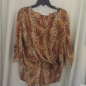 Lush Surplice Draped Hi/Low Blouse, Small, Leopard